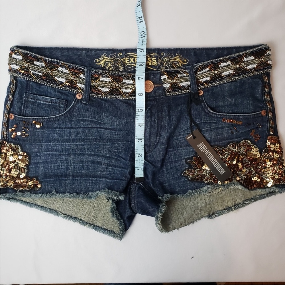 NWT Express gorgeous bronze gold and white sequined and beaded blue jeans - Picture 9 of 16